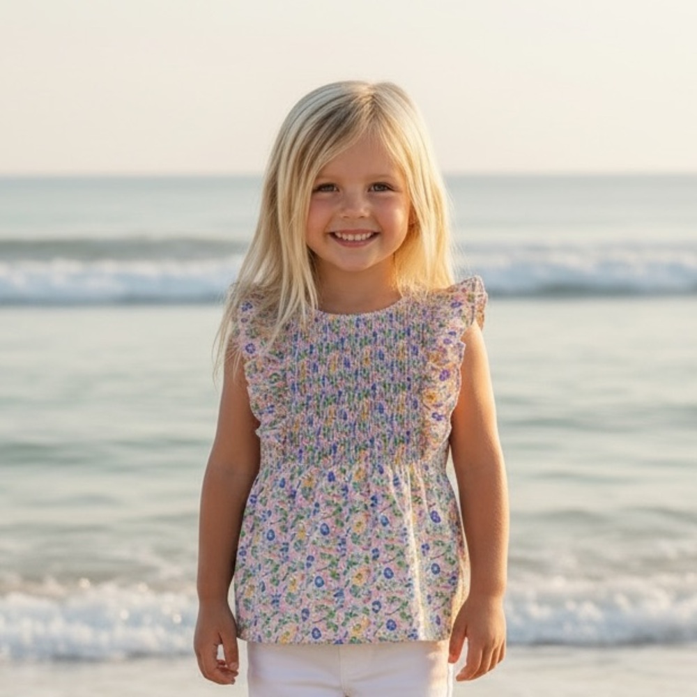 NWT Polo Ralph Lauren Girls Floral Smocked Cotton Jersey Top with Ruffle Twee